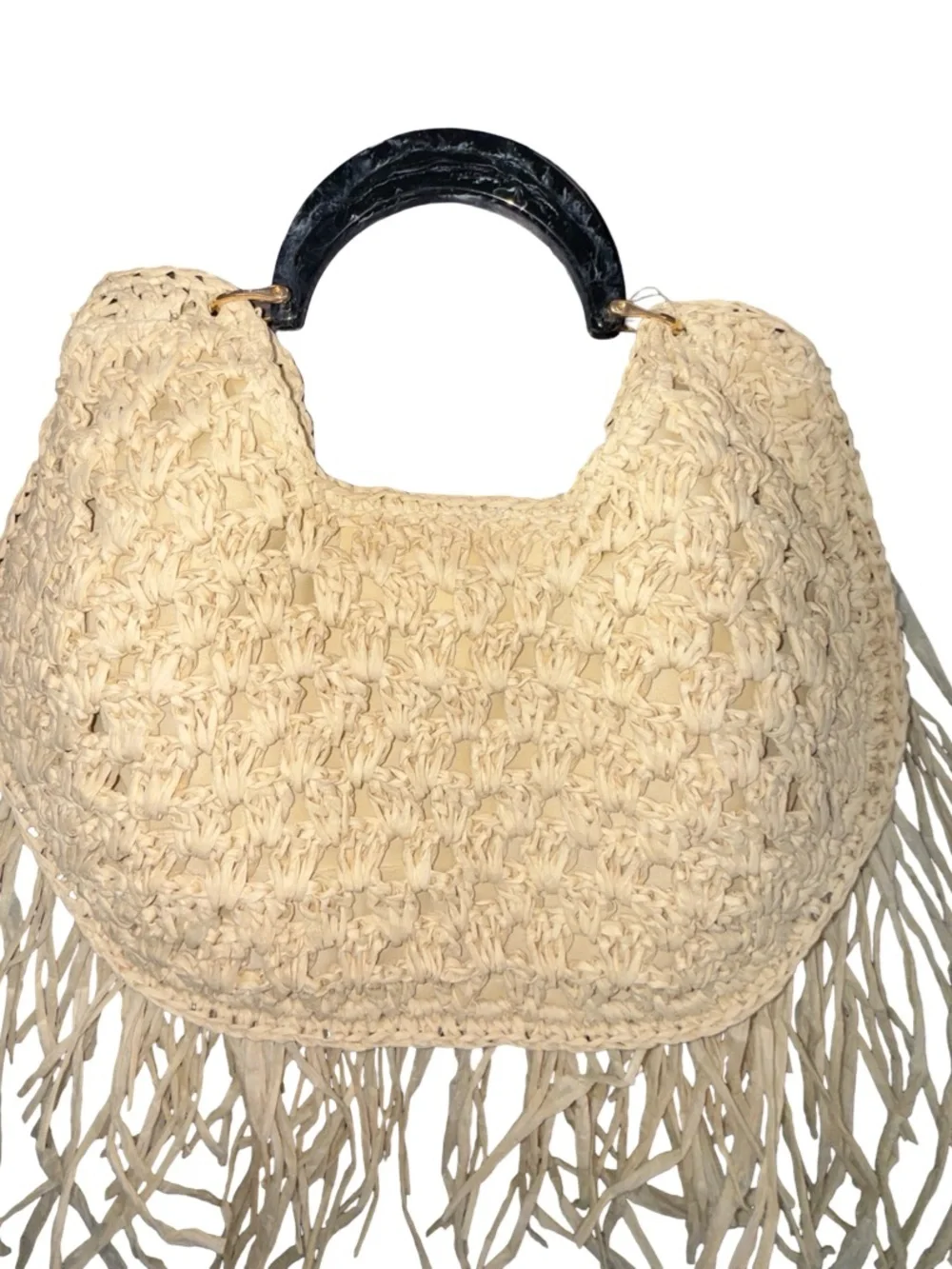 Natural Straw Fringe Tote with Black Handle - Picture 4 of 16